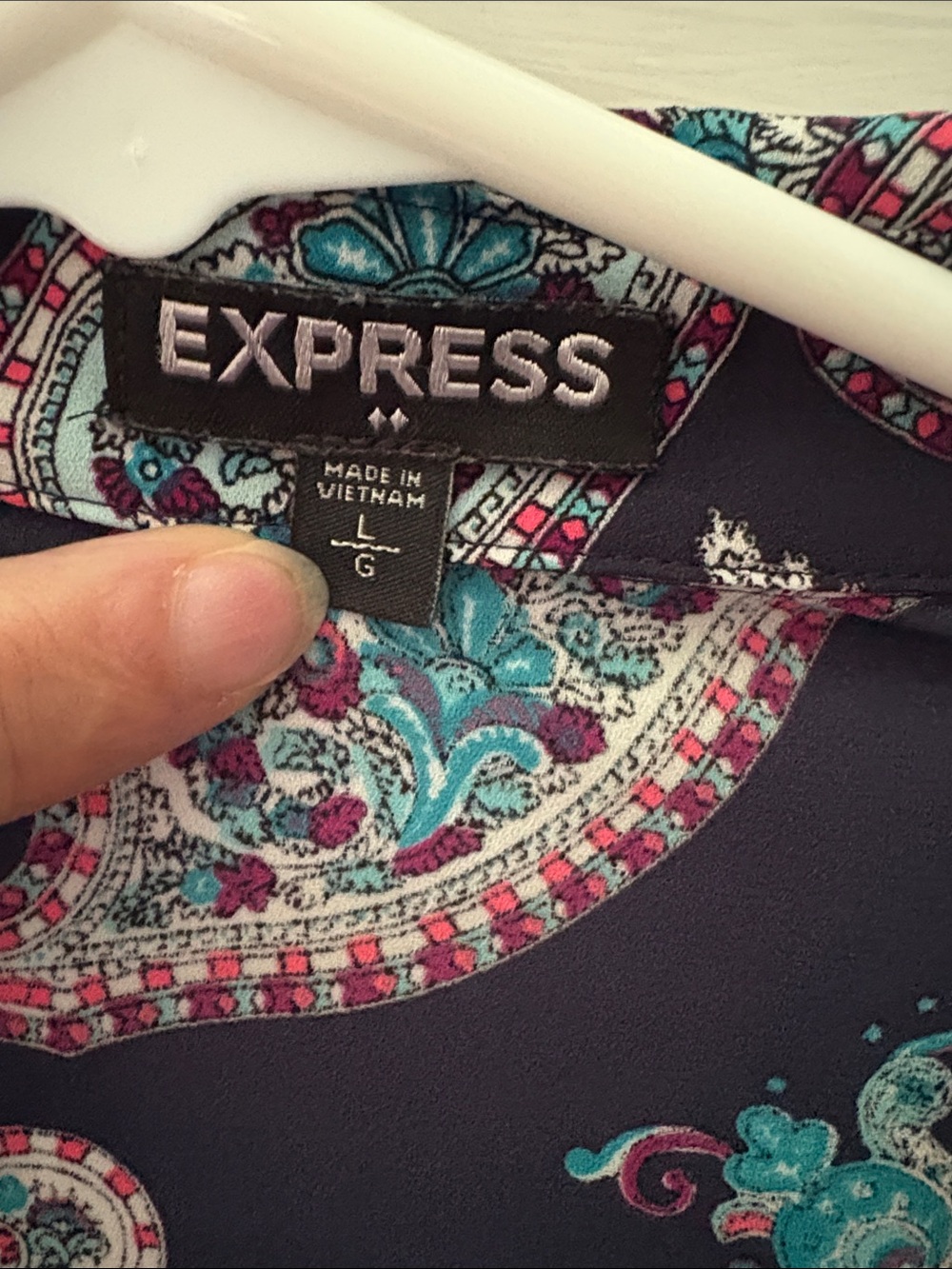 Express Paisley Button-Down Blouse in Navy with Teal, Pink & Yellow Accents - Picture 2 of 4